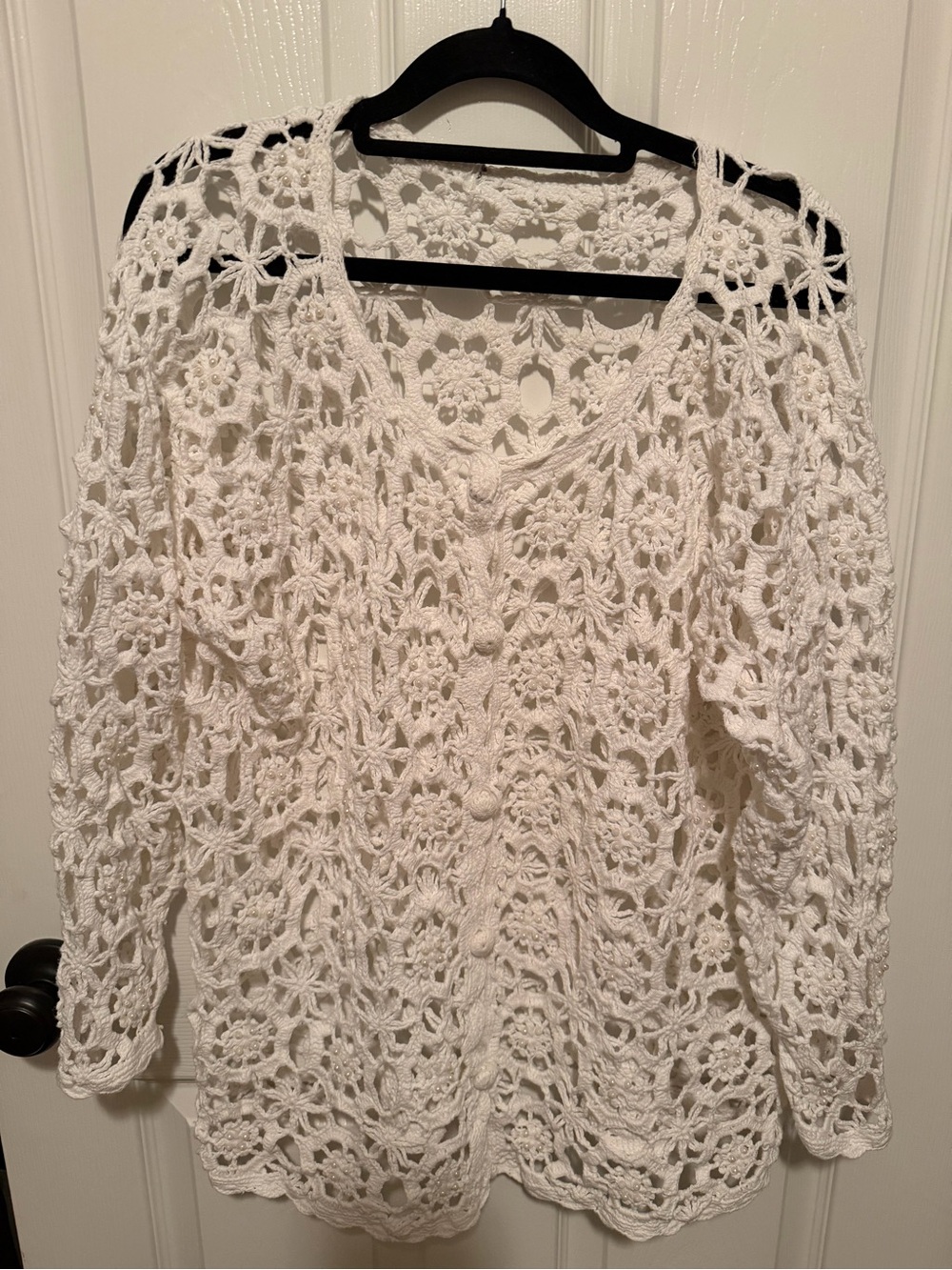 Women's White Crochet Button-Front Cardigan